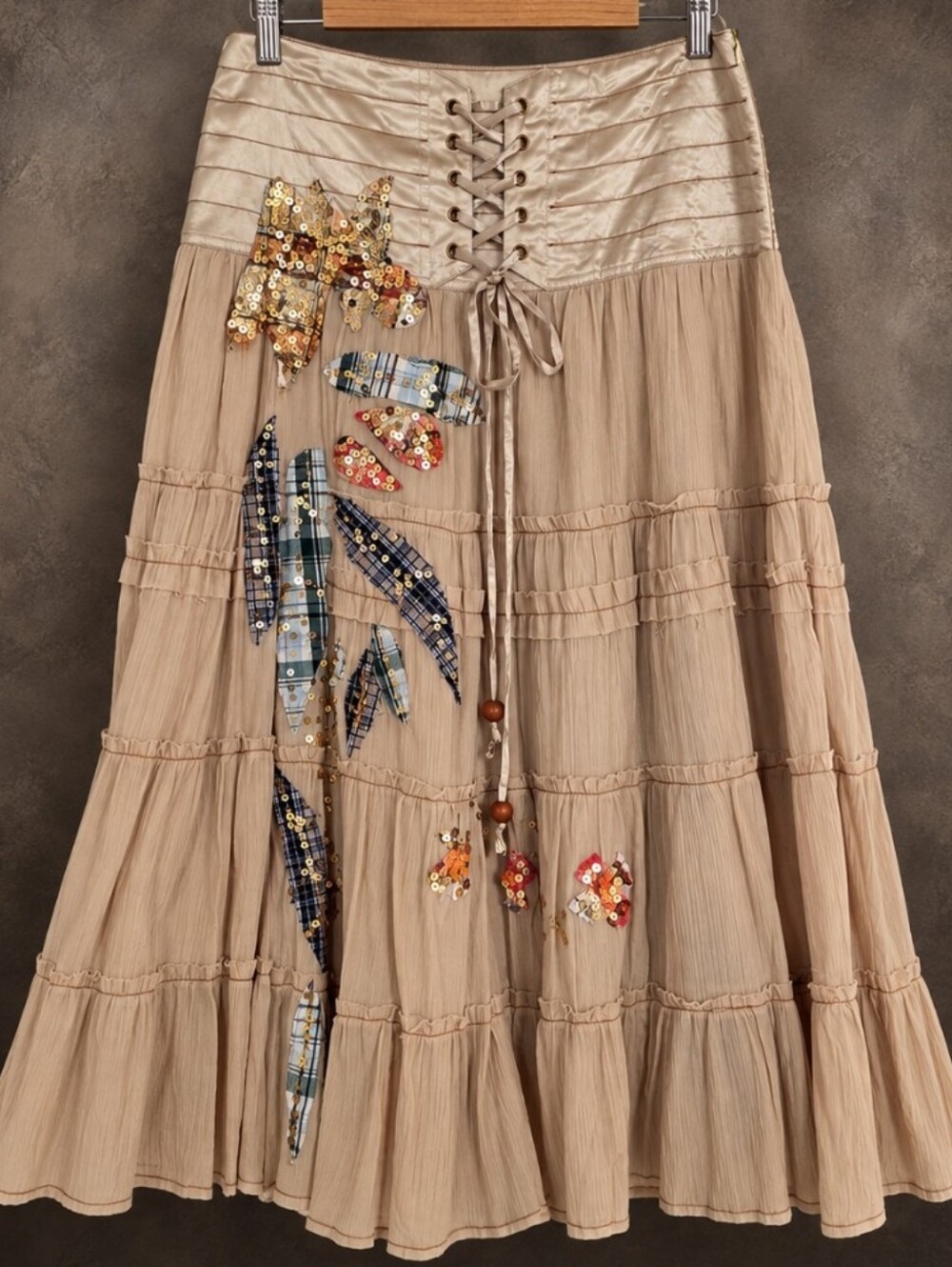 Banana U.S.A. Boho Patchwork Sequin Tiered Midi Skirt – Size L